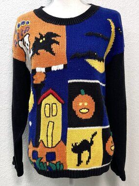 VTG LAUREN ROGERS Womens SMALL Hand Knit Halloween SWEATER Black Cat Spider Bat